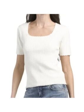 Bailey 44 Women's White Ribbed Square Neck Short Sleeve Top
